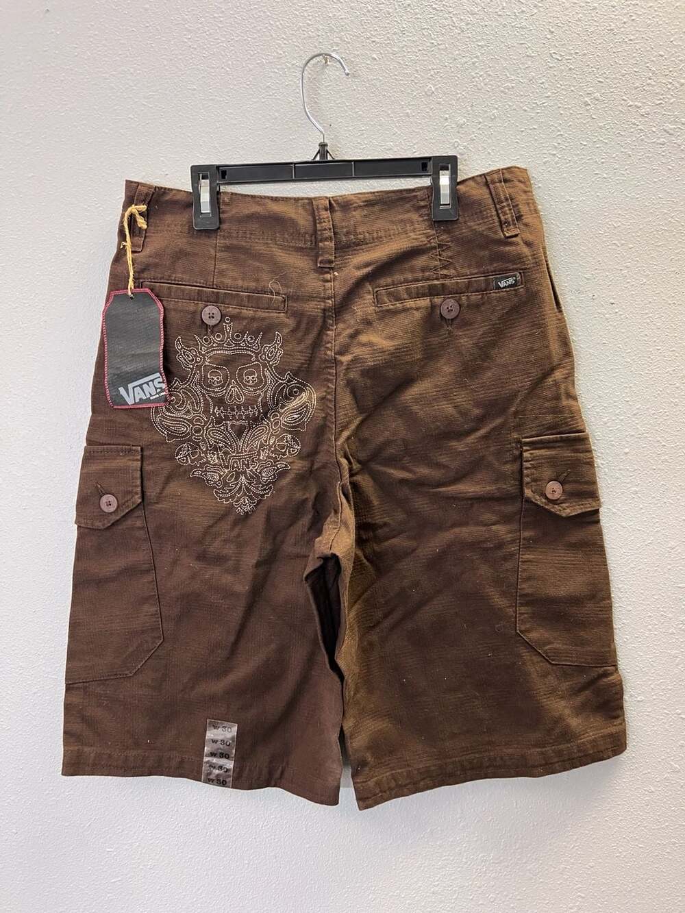NWT Vans Mens 30 Brown Skull Crown Embroidered Y2K Canvas Cargo Shorts 0465